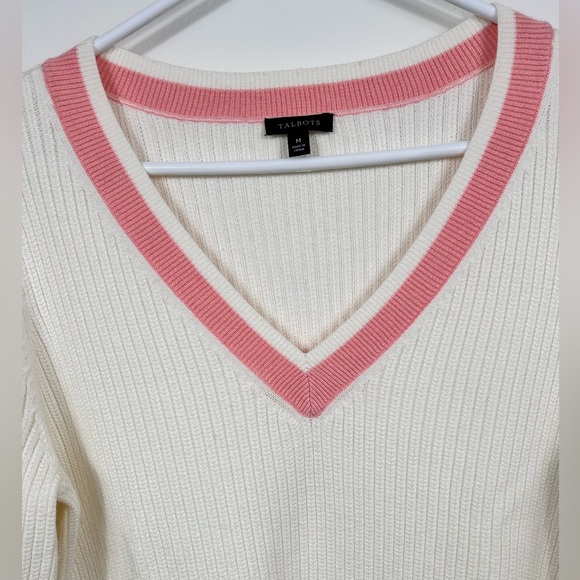 Talbots cotton-blend tennis sweater, M, vneck, cream, Classic Preppy Summer - Picture 3 of 8